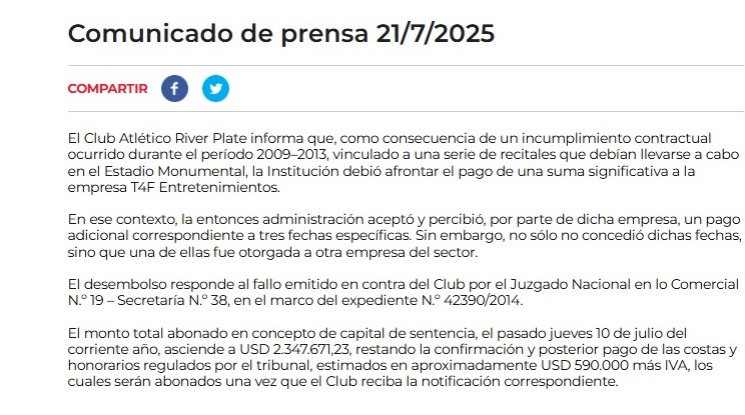 El comunicado de River